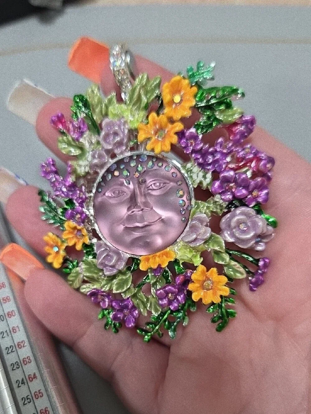 Kirks Folly Enamel Moonface Pendant & Brooch in Purple, Yellow & Green
